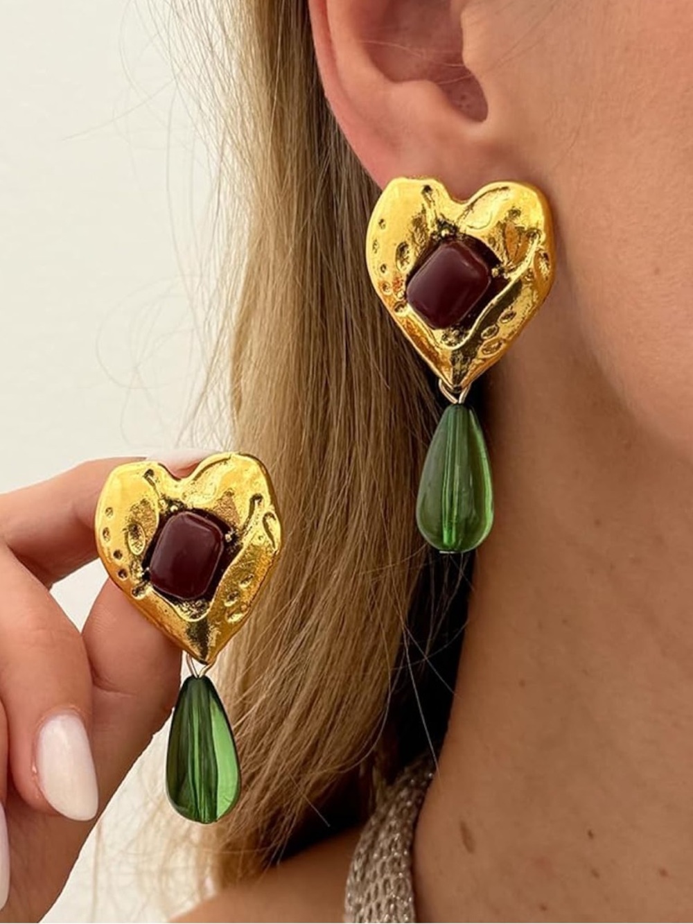 Anthropologie Gold Heart Earrings with Burgundy Stone and Green Teardrop